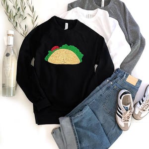 Sequin Taco Crew Top. Handmade glitz sequin appliqué on a crew tee or sweatshirt, perfect for Cinco De Mayo or any summer BBQ