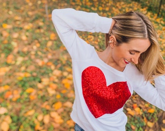 Valentines Day Sweatshirt. Sequin Patch. Heart Sweater. Valentine Shirt. Personalized Gift. Heart Patch. Love Shirt. Womens Top. Gift Her