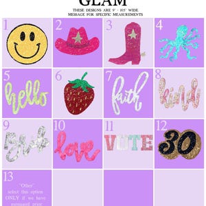 May include: A chart with 13 different designs for iron-on patches. The designs include a smiley face, a cowboy hat, a boot, an octopus, the word "hello", a strawberry, the word "faith", the word "kindly", the word "girl", the word "love", the word "VOTE", the number "30", and an "Other" option.