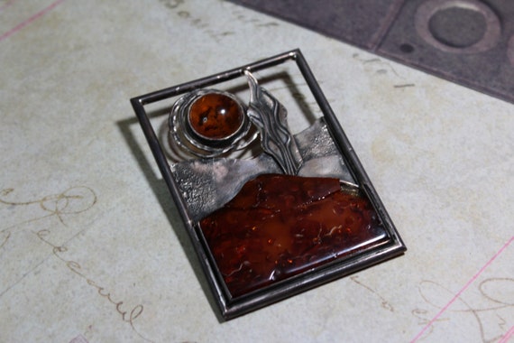 Unique Vintage Handmade Amber Brooch Slight Damage - image 1