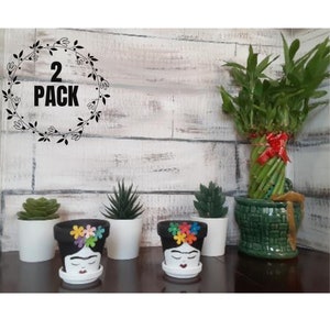 2 Small, Frida Decorated, Cactus and Succulents Pots 2.5 inches with saucer