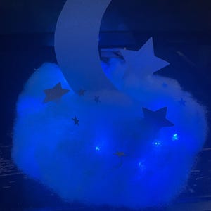 Pode incluir: Uma luz noturna em forma de nuvem azul com uma lua crescente branca e estrelas. A luz &eacute; iluminada com luzes LED azuis.