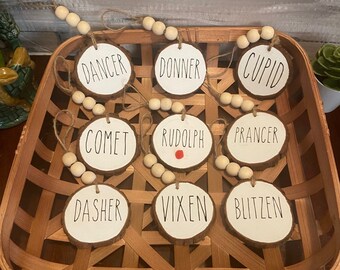 Reindeer Christmas Ornaments: Wood Slice Farmhouse Set