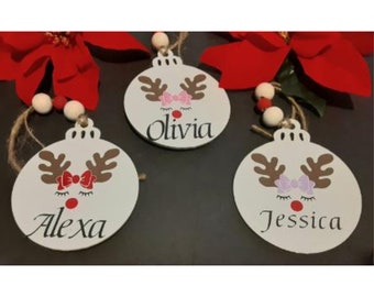 Personalized Girl Reindeer Ornament: Rustic Wood Slice Christmas Decor