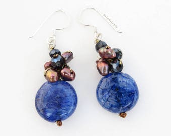 Dark blue stone earrings with brown freshwater pearl, crystal on silk thread - sterling silver ear wires, round flat, coin shape, dangle