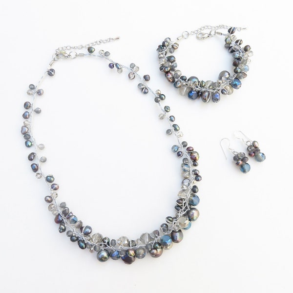 Jewelry set - Dark blue crystal with black freshwater pearl necklace, bracelet, earrings on silk thread