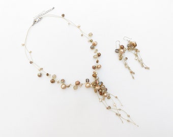 Jewelry Set - Golden champagne brown freshwater pearl necklace with crystal on silk thread, with matching earrings