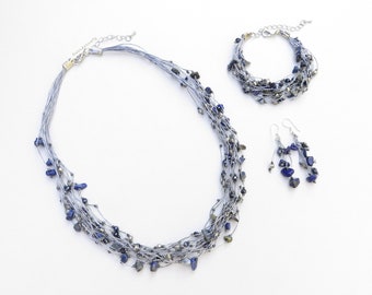 Jewelry set - Sodalite stone necklace, bracelet, earrings with crystal on silk thread, dark blue stone, multistrands, navy blue