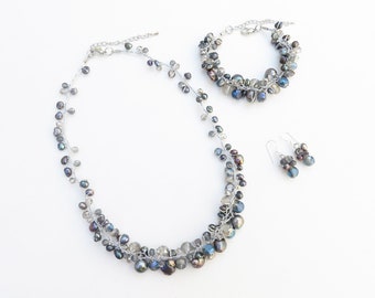Jewelry set - Dark blue crystal with black freshwater pearl necklace, bracelet, earrings on silk thread