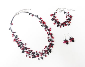 Jewelry set - Red black crystal necklace with hematite on silk thread, Bracelet, Earring