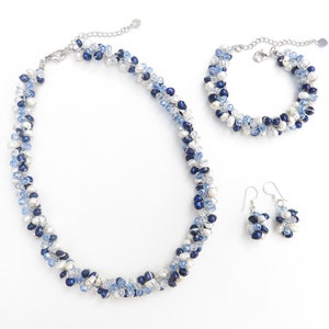 Navy Blue Pearl Jewelry Set – Sterling Silver Earrings, Hand Knotted on silk thread