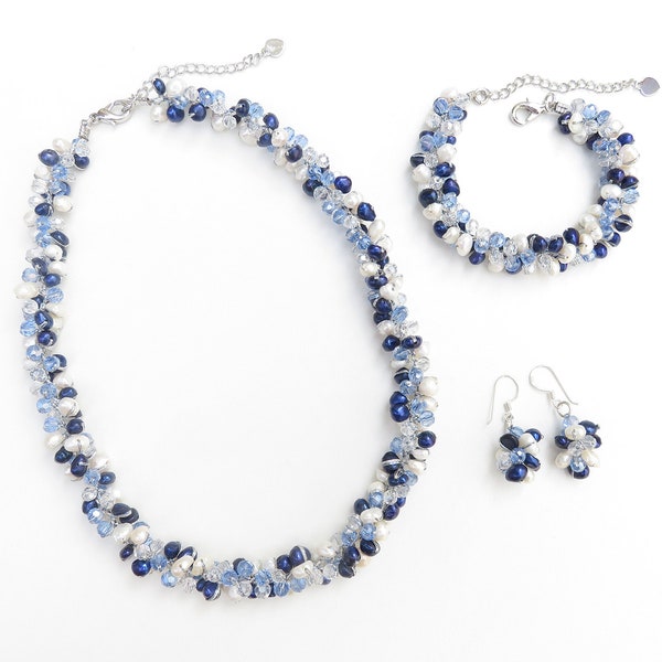 Set di gioielli: collana di perle d'acqua dolce bianche blu navy, bracciale, orecchini, set di gioielli blu scuro e blu reale