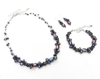 Jewelry set - Black freshwater pearl necklace, Bracelet, Earring on silk thread