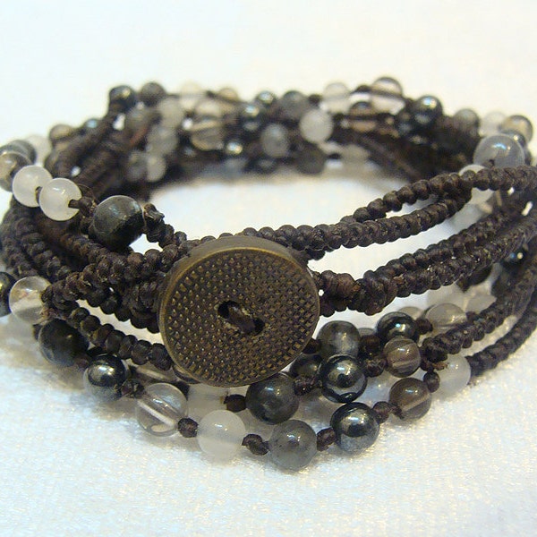 2 in 1 Bracelet and Necklace, Black, Hematite, Smokey quartz, Tourmalinated quartz, wax cord, free size, Hand warapped