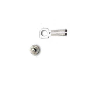May include: Two silver-toned metal pieces for a watch. One piece is a small round screw with a raised head. The other piece is a longer, flat piece with a hole in the center and two prongs on one end.
