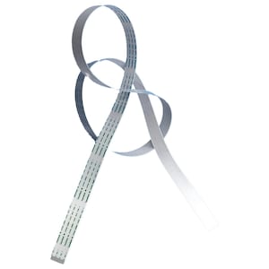 May include: A gray ribbon cable, with multiple thin wires, is looped and curved against a white background. The cable has green and white text printed along its length. The cable is designed for electronic devices.