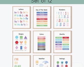 Educational Posters Set of 12- Classroom Art Prints- Homeschool Classroom Decor- Bright Rainbow Class Decor- Playroom Art- DIGITAL FILES