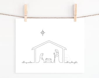 PRINTABLE Nativity Line Art Christmas Print- 5x7, 8x10, 11x14- All is Calm All is Bright- Silent Night Lyrics- Christmas Carol- Nativity Art
