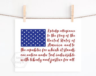 PRINTABLE Pledge of Allegiance Flag- Hand Lettering- Red, White, and Blue- Patriotic Wall Art- American Flag Wall Art- Americana Home Decor