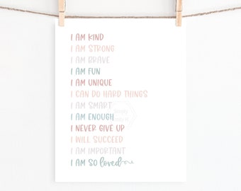 PRINTABLE Positive Affirmations- 5x7, 8x10, 11x14, 16x20, 18x24- Growth Mindset Wall Art- Boho Rainbow Print- Kids Room Decor- Playroom Art