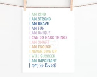 PRINTABLE Positive Affirmations- 5x7, 8x10, 11x14, 16x20, 18x24- Growth Mindset- Rainbow Colors- Kids Room Art- Nursery Decor- Playroom Art