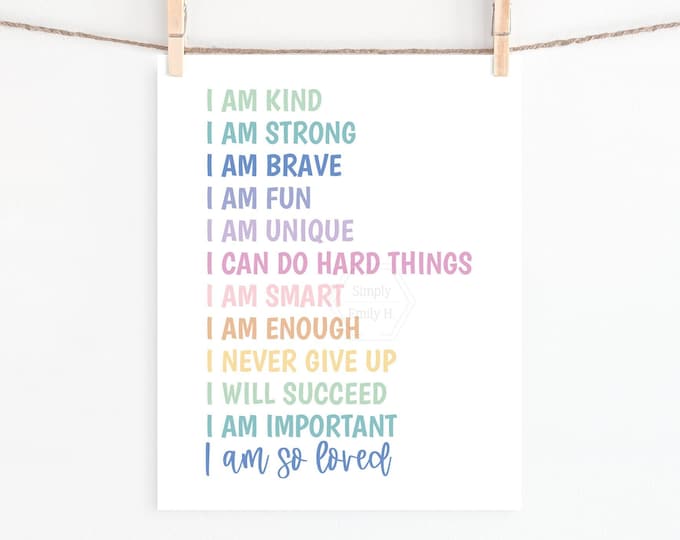 Featured listing image: PRINTABLE Positive Affirmations- 5x7, 8x10, 11x14, 16x20, 18x24- Growth Mindset- Rainbow Colors- Kids Room Art- Nursery Decor- Playroom Art