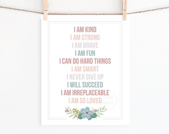 PRINTABLE Positive Affirmations- 5x7, 8x10, 11x14, 16x20, 18x24- Growth Mindset- Floral Boho- Kids Room Decor- Playroom Art- Dusty Pink
