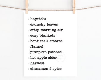 PRINTABLE Fall Things Art Print- 5x7, 8x10 or 11x14- Fall Wall Art- Autumn Art Print- Seasonal Wall Art- Fall List- Favorite Fall Things