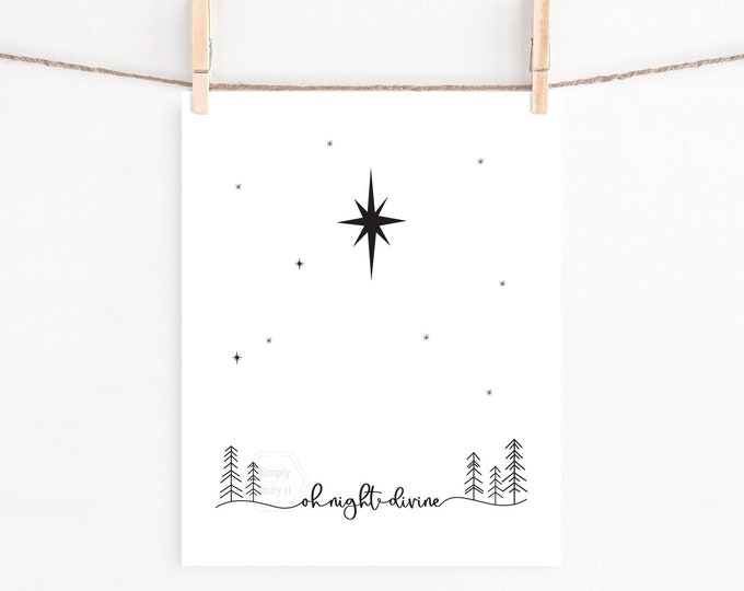 Featured listing image: PRINTABLE Oh Night Divine Line Art Christmas Print- 5x7, 8x10, 11x14- Oh Holy Night Lyrics- Christmas Carol- Nativity Art- Christmas Star
