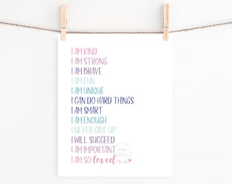 PRINTABLE Positive Affirmations Print- 5x7, 8x10, 11x14, 16x20, 18x24- Growth Mindset- Purple, Pink, Blue- Kids Room Art- Playroom Wall Art