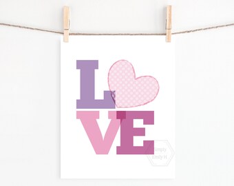 PRINTABLE Love Art Print- 5x7, 8x10, 11x14- Valentine's Day Heart Decor- Valentines Wall Art- Pink Polka Dot Heart- Love Print