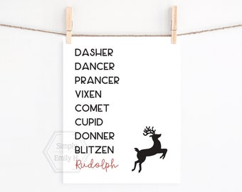 PRINTABLE Reindeer Names 5x7, 8x10, 11x14 Art Print- Christmas Decoration- Winter Wall Art- Winter Home Decor- Christmas Wall Art
