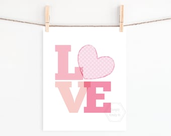 PRINTABLE Love Wall Art- 5x7, 8x10, 11x14- Valentine's Day Heart Decor- Valentines Wall Art- Pink Polka Dot Heart- Love Print