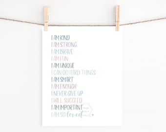 PRINTABLE Positive Affirmations- 5x7, 8x10, 11x14, 16x20, 18x24- Growth Mindset- Neutral Print- Kids Room Decor- Nursery Decor- Playroom Art