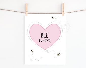PRINTABLE Bee Mine Art Print - 5x7, 8x10, 11x14-  Fun Valentine Home Decor- Valentine's Day Heart Decor- Valentines Art- Bee Wall Art