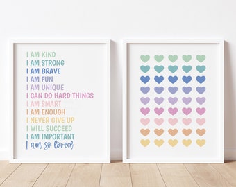 Positive Affirmations & Rainbow Hearts Print Set- 5x7, 8x10, 11x14- Growth Mindset Wall Art- Rainbow Print-  Kids Room Decor- Playroom Art