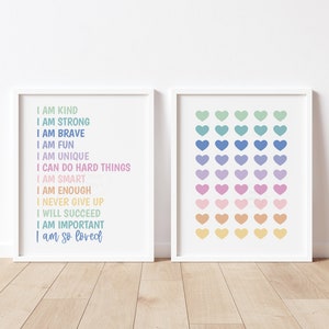 Positive Affirmations & Rainbow Hearts Print Set- 5x7, 8x10, 11x14- Growth Mindset Wall Art- Rainbow Print-  Kids Room Decor- Playroom Art
