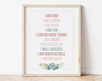 Kids Positive Affirmations Print- Floral Boho- 5x7, 8x10, 11x14- Growth Mindset Wall Art- Kids Room Decor- Nursery- Playroom Art- Dusty Pink