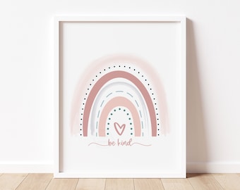 Be Kind Boho Rainbow- 5x7, 8x10, 11x14- Kindness Matters Art Print- Boho Rainbow Print-  Kids Room Decor- Playroom Art- Dusty Pink