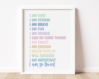 Kids Positive Affirmations Print- 5x7, 8x10, 11x14- Growth Mindset-  Kids Room Art- Rainbow Playroom- Classroom Wall Art- I Am Affirmations