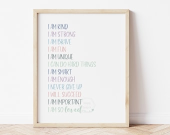 Positive Affirmations Print- 5x7, 8x10, 11x14- Growth Mindset Wall Art- Muted Neutral Print-  Kids Room Decor- Nursery Decor- Playroom Art