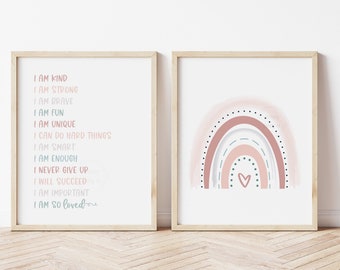 Positive Affirmations & Rainbow Prints- 5x7, 8x10, 11x14- Growth Mindset Wall Art- Boho Rainbow Print-  Kids Room Decor- Playroom Art