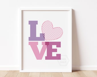 Love Wall Art- 5x7, 8x10, 11x14- Purple Valentine- Valentine's Day Heart Decor- Valentines Wall Art- Pink Polka Dot Heart- Love Print