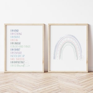 Positive Affirmations & Muted Rainbow Prints- 5x7, 8x10, 11x14- Growth Mindset Wall Art-  Kids Room Decor- Nursery Decor- Playroom Art
