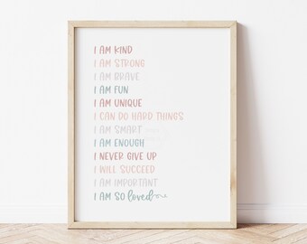 Kids Positive Affirmations Print- 5x7, 8x10, 11x14- Growth Mindset Wall Art- Boho Rainbow Print-  Kids Room Decor- Playroom Art