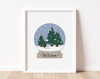 Winter "Let it Snow" Snow Globe Print- 5x7, 8x10, 11x14- Winter Art Print- Christmas Home Decor- Snowman Print- Holiday Wall Art