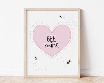 Bee Mine Wall Art- 5x7, 8x10, 11x14- Pink Valentine Home Decor- Valentine's Day Heart Decor- Valentines Art- Bee Wall Art- Striped Wall Art
