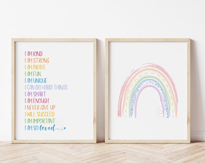 Featured listing image: Positive Affirmations & Rainbow Prints- 5x7, 8x10, 11x14- Growth Mindset Wall Art- Rainbow Print-  Kids Room Decor- Playroom Art