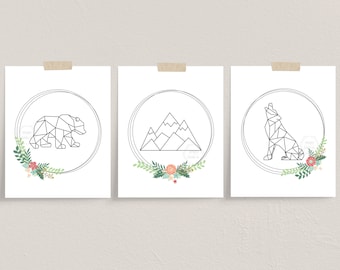 PRINTABLE Geometric Animal Prints- 8x10- Bear, Mountains, Wolf- Floral Nursery Decor- Boho Nursery Print- Bohemian Wreath- Forest Animals