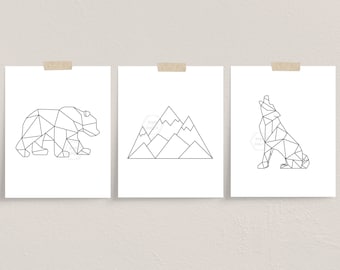 PRINTABLE Geometric Animal and Mountain Prints- 8x10- Bear, Mountains, Wolf-  Wilderness Nursery Decor- Boho Nursery Print- Forest Animals